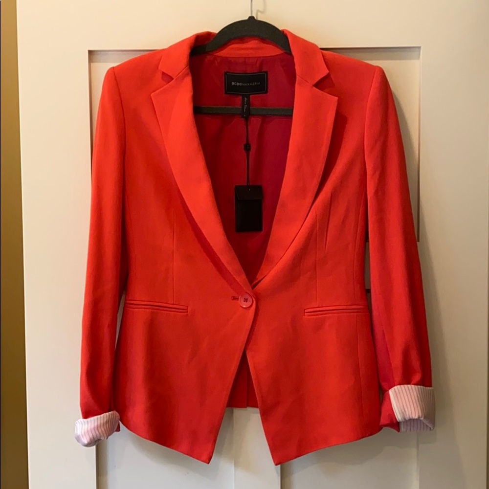 BCBG coral suit jacket with pinstriped cuffs